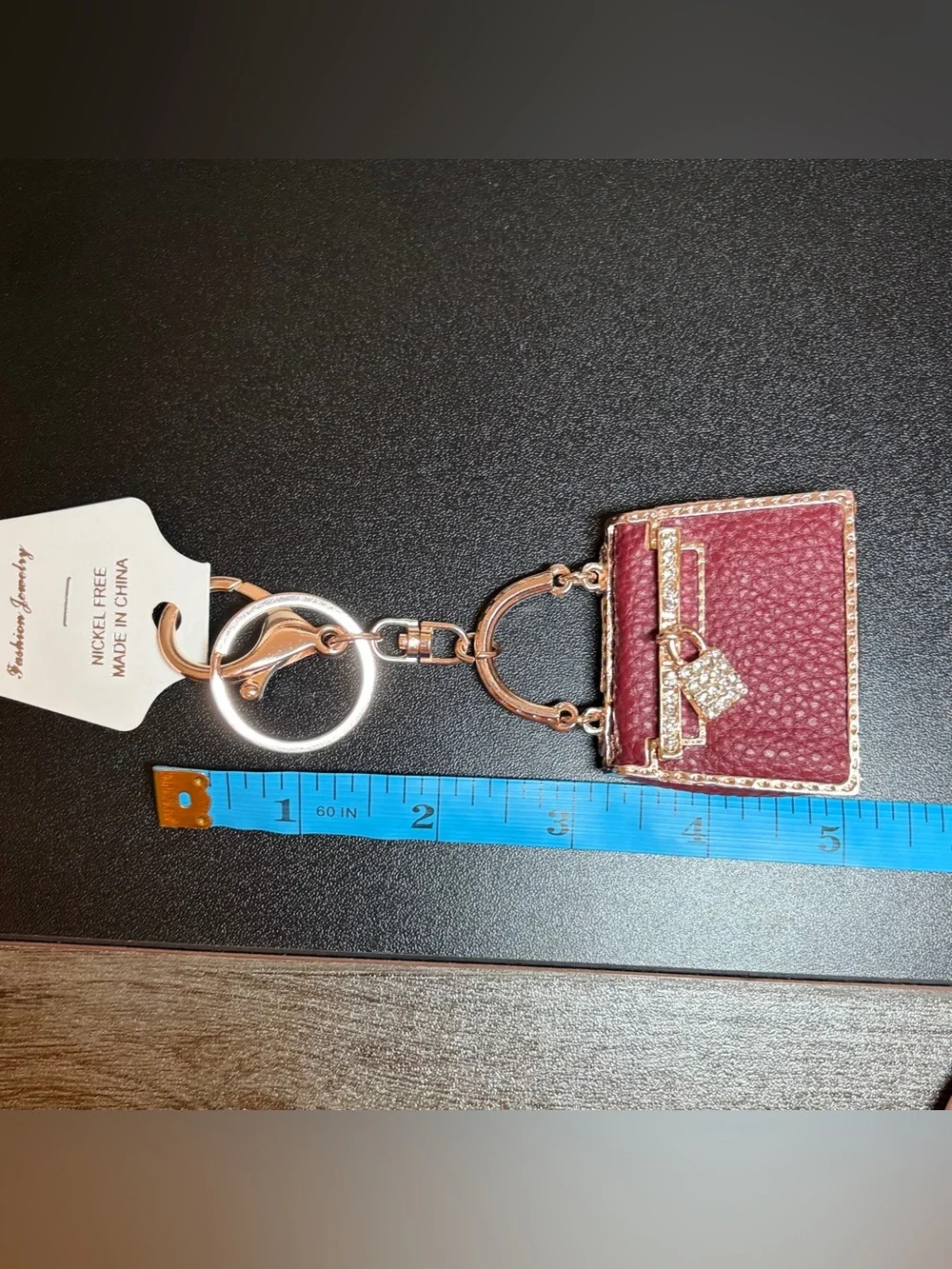 Burgundy Mini Handbag Keychain with Gold Crystal Accents